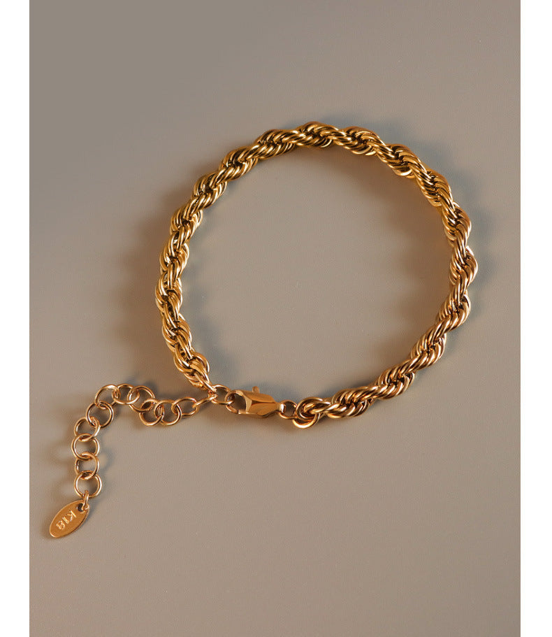 Thick Twisted Twist Bracelet French Heavy Industry Special-Shaped Titanium Steel 18K Real Gold Plated Wrist Chain Female Exaggerated Jewelry